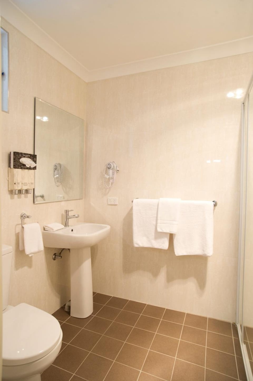 Shower, free toiletries, hair dryer, towels
