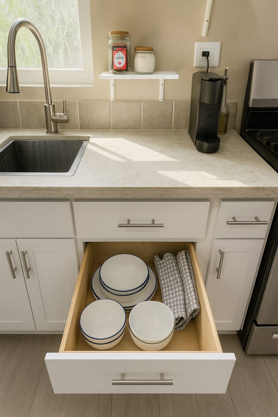 Full-size fridge, stovetop, dishwasher, griddle