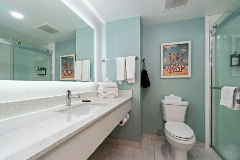 Hair dryer, towels, soap, shampoo