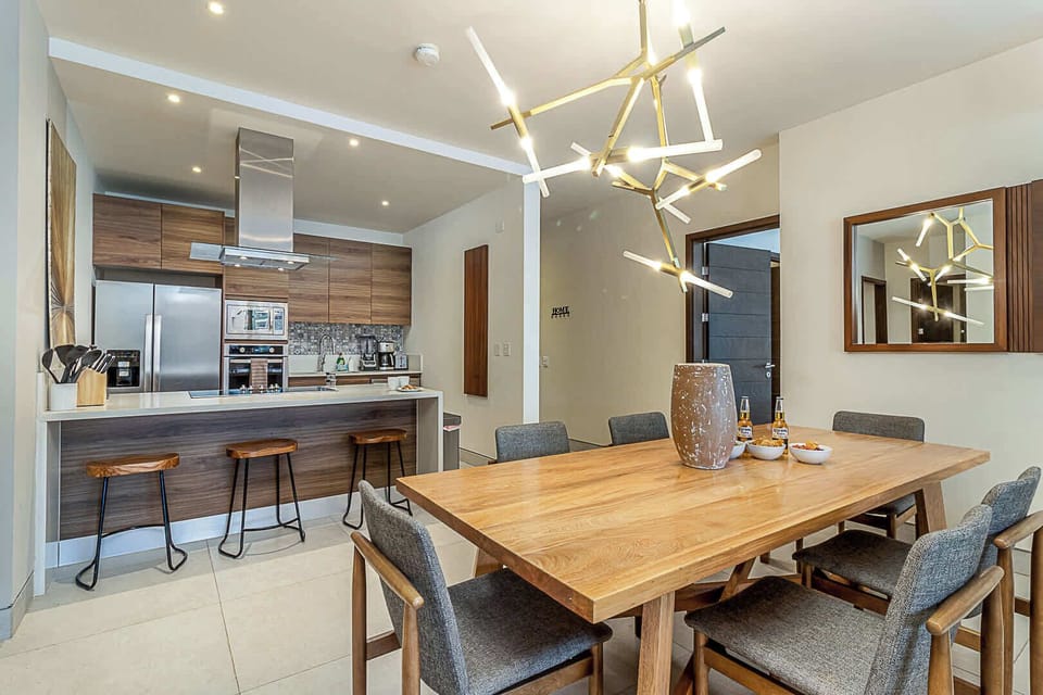 Stylish dining area with wooden accents.