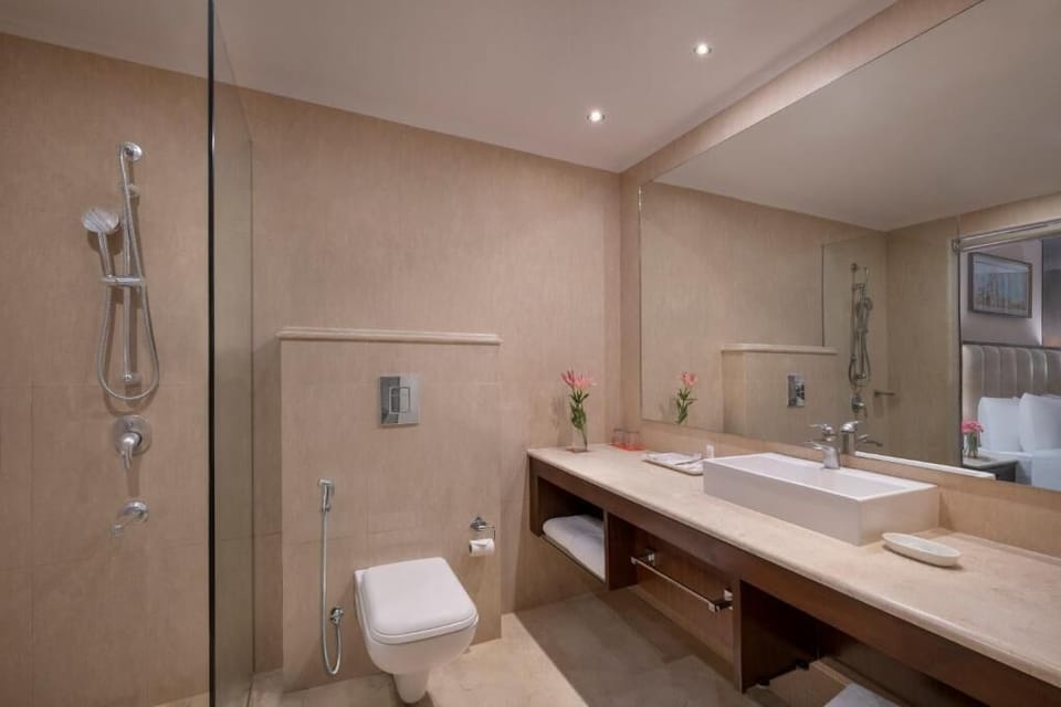 Separate tub and shower, hair dryer, bathrobes, slippers