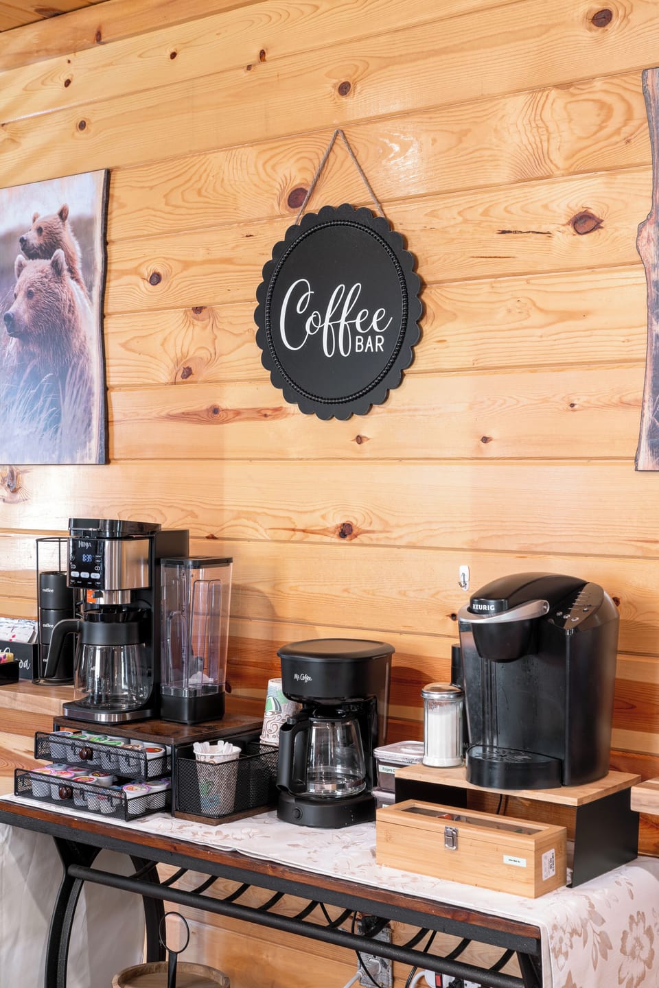 Cozy cabin coffee bar with drip & Keurig brewers, pods, and essentials.