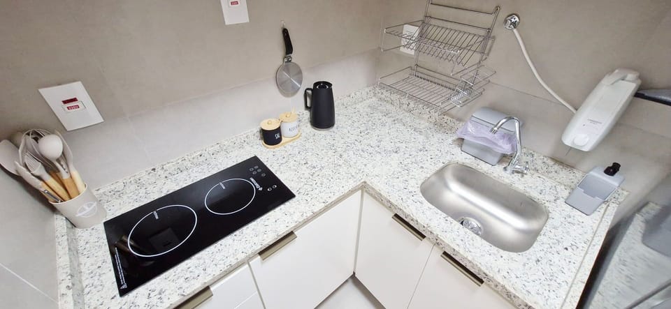 Basic Apartment | Private kitchen | Fridge, microwave, cookware/dishes/utensils