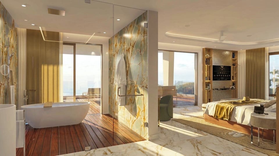 Skyline Penthouse | Bathroom | Hair dryer, slippers, towels, soap