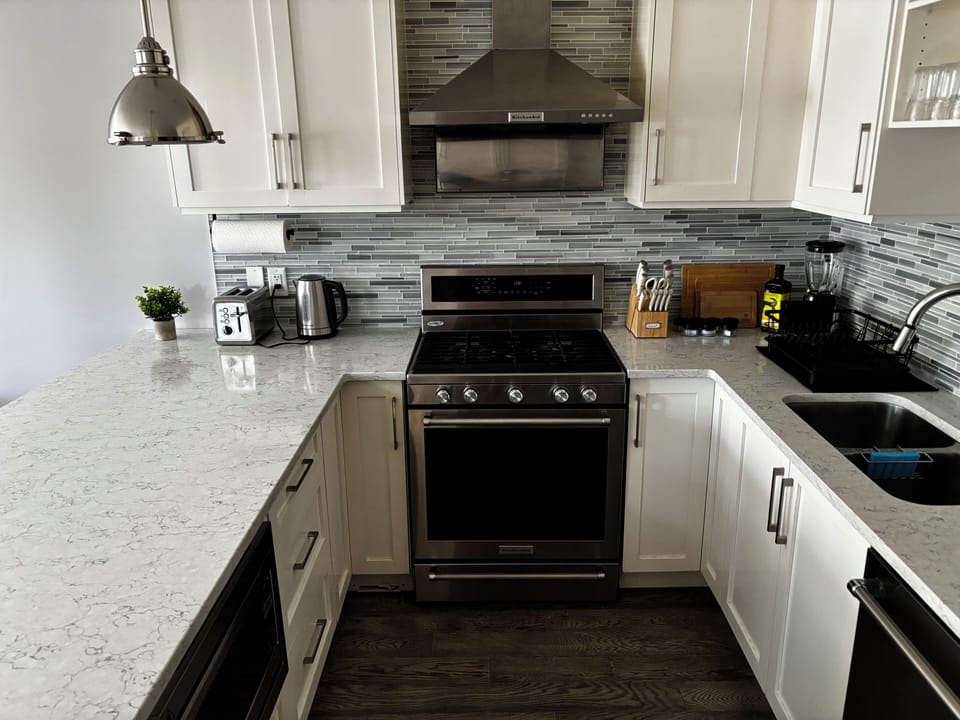 Fridge, microwave, cookware/dishes/utensils