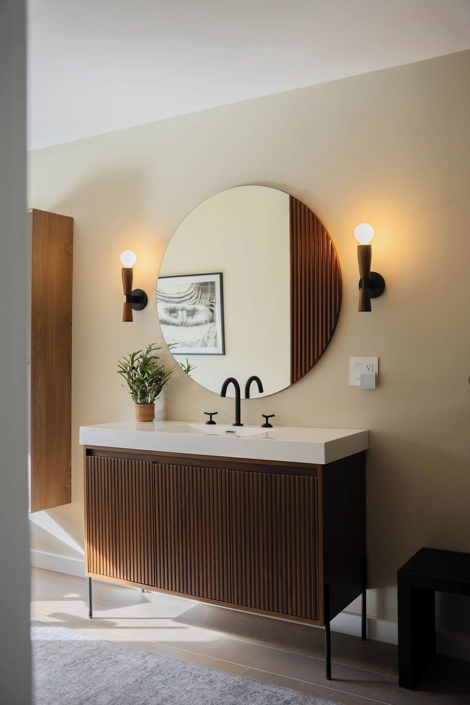 Modern double-vanity setup with clean lines and warm wood tones — simple, stylish, and functional.
