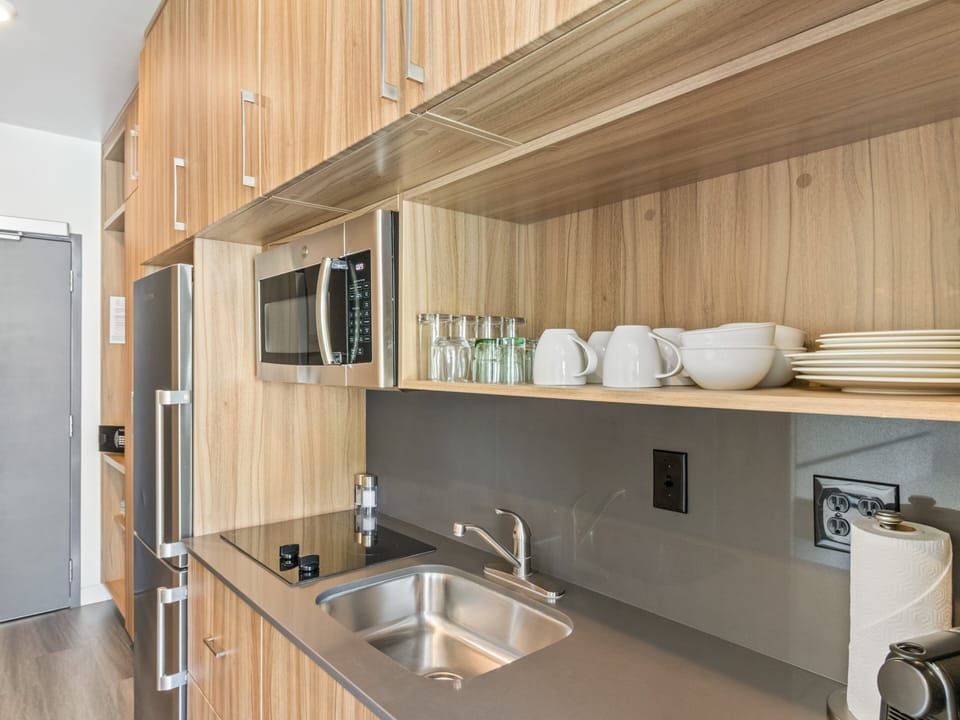 Full-size galley kitchen for snacks and meals