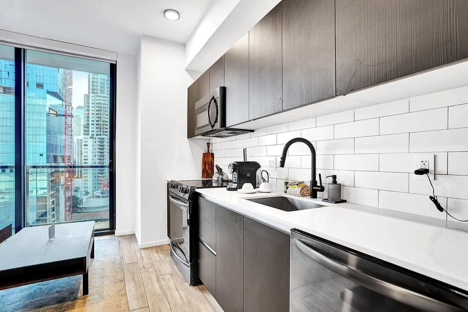 Galley kitchen with stainless appliances and city window