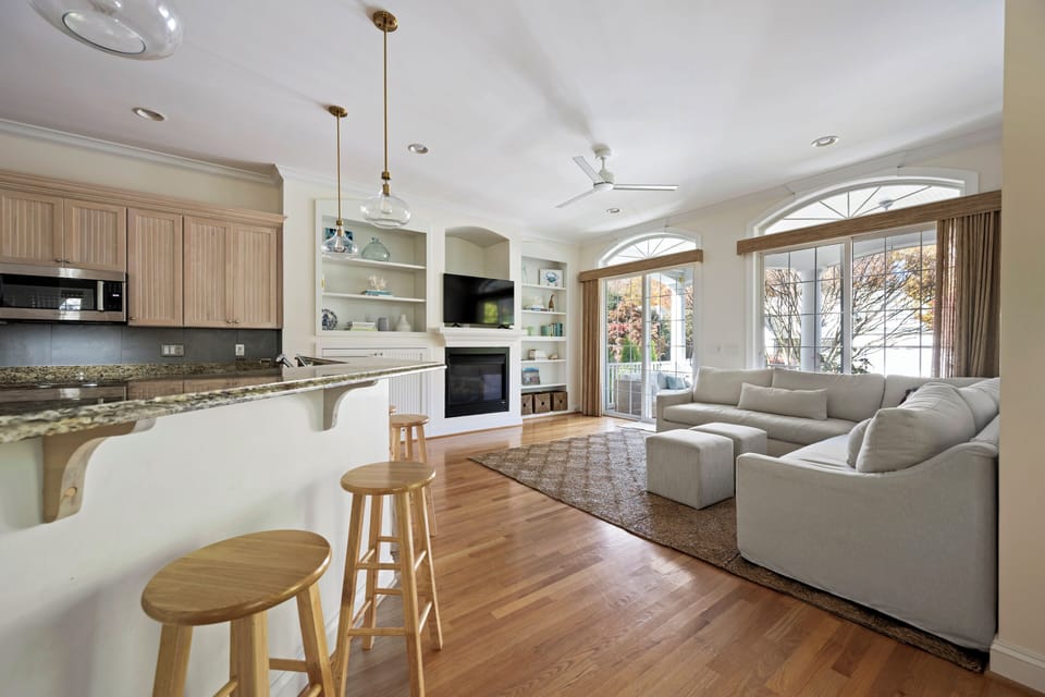 Kitchen and living room shared space.