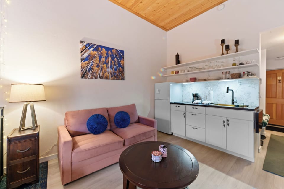 Relax in your cozy living space featuring a comfortable sofa, compact kitchenette, and warm wood ceiling that creates the perfect home-away-from-home atmosphere.