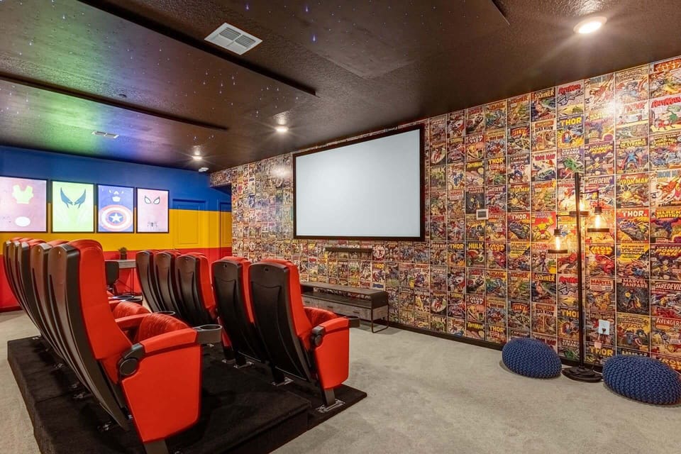 Level up your movie nights with this in-home theatre, complete with cinema seating and a giant projection screen.