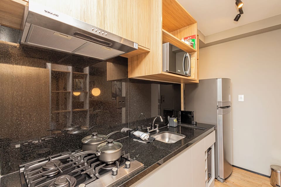 Deluxe Apartment, City View | Private kitchen | Fridge, microwave, stovetop, cookware/dishes/utensils