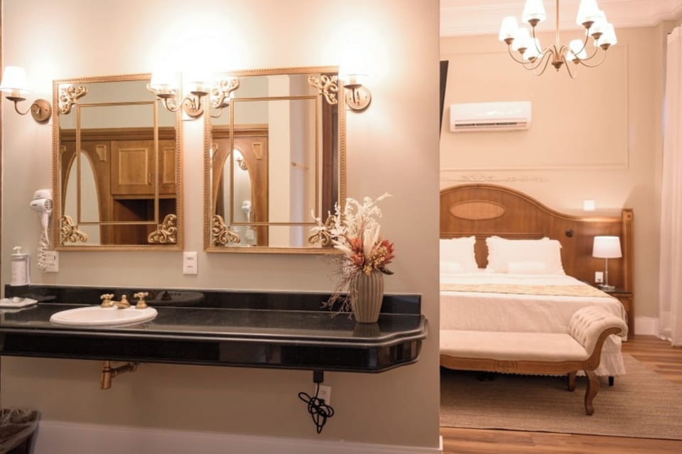 Refresh at the elegant vanity before drifting into restful sleep.