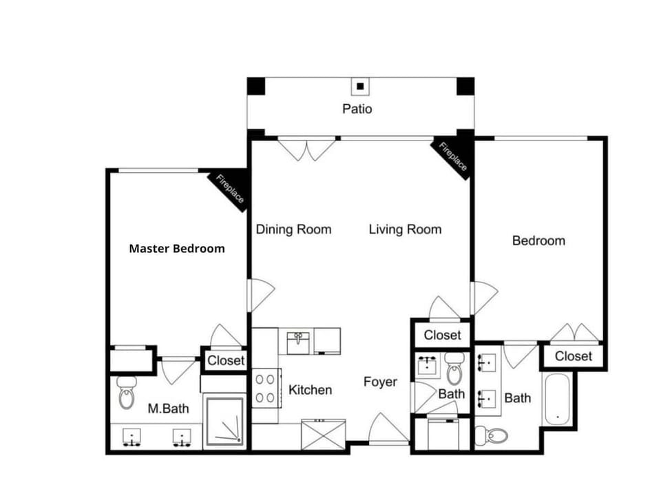 This floorplan is reversed. The Primary room is actually on the right, and the guest is on the left. The patio is a balcony. The condo is on the second floor.