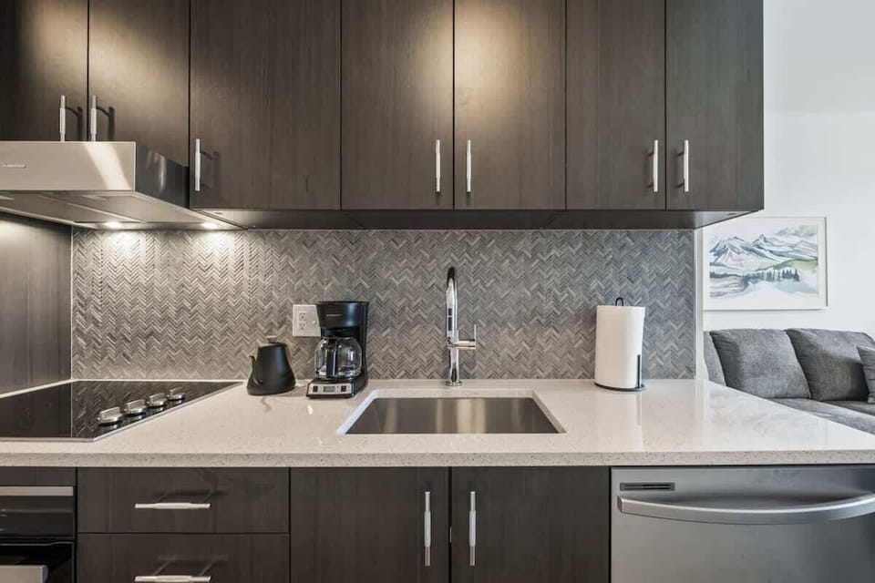 Modern kitchen with cabinet space and coffee maker