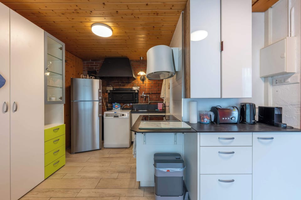 Kitchen area with modern appliances and workspace
