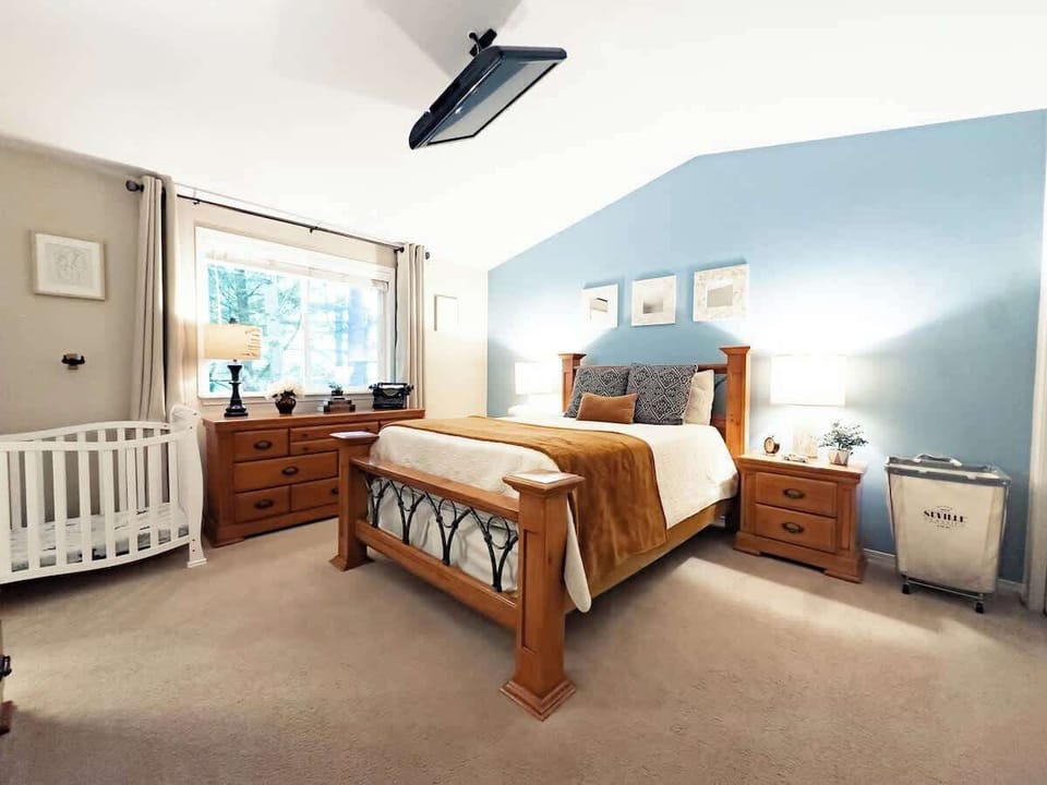 This primary bedroom has a window overlooking the backyard 
and has vaulted ceilings. It has a tv on the ceiling so you can lay in bed flat and watch tv, two dressers, and a mini crib. 