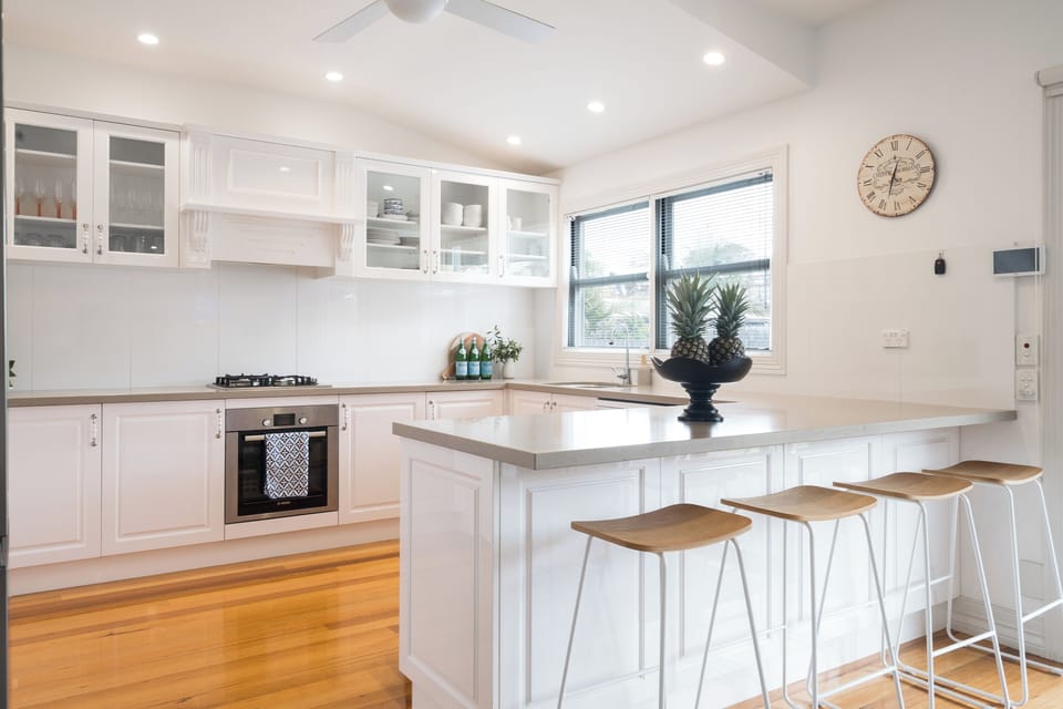 Large modern kitchen with oven, gas stove, coffee machine, fridge freezer and everything you need for entertaining