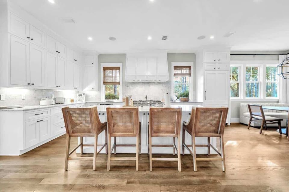 Large island includes seating for four.