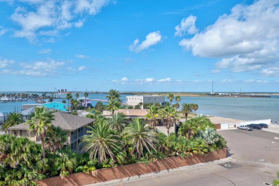 Aerial view of waterfront property surrounded by swaying palm trees and tranquil bay waters.