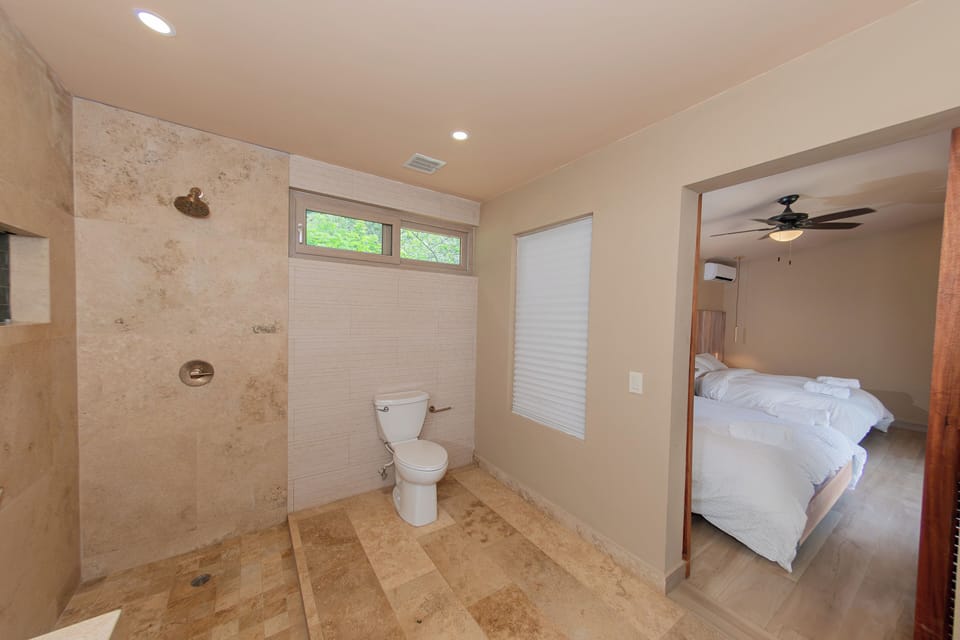 Shower, towels, soap, shampoo
