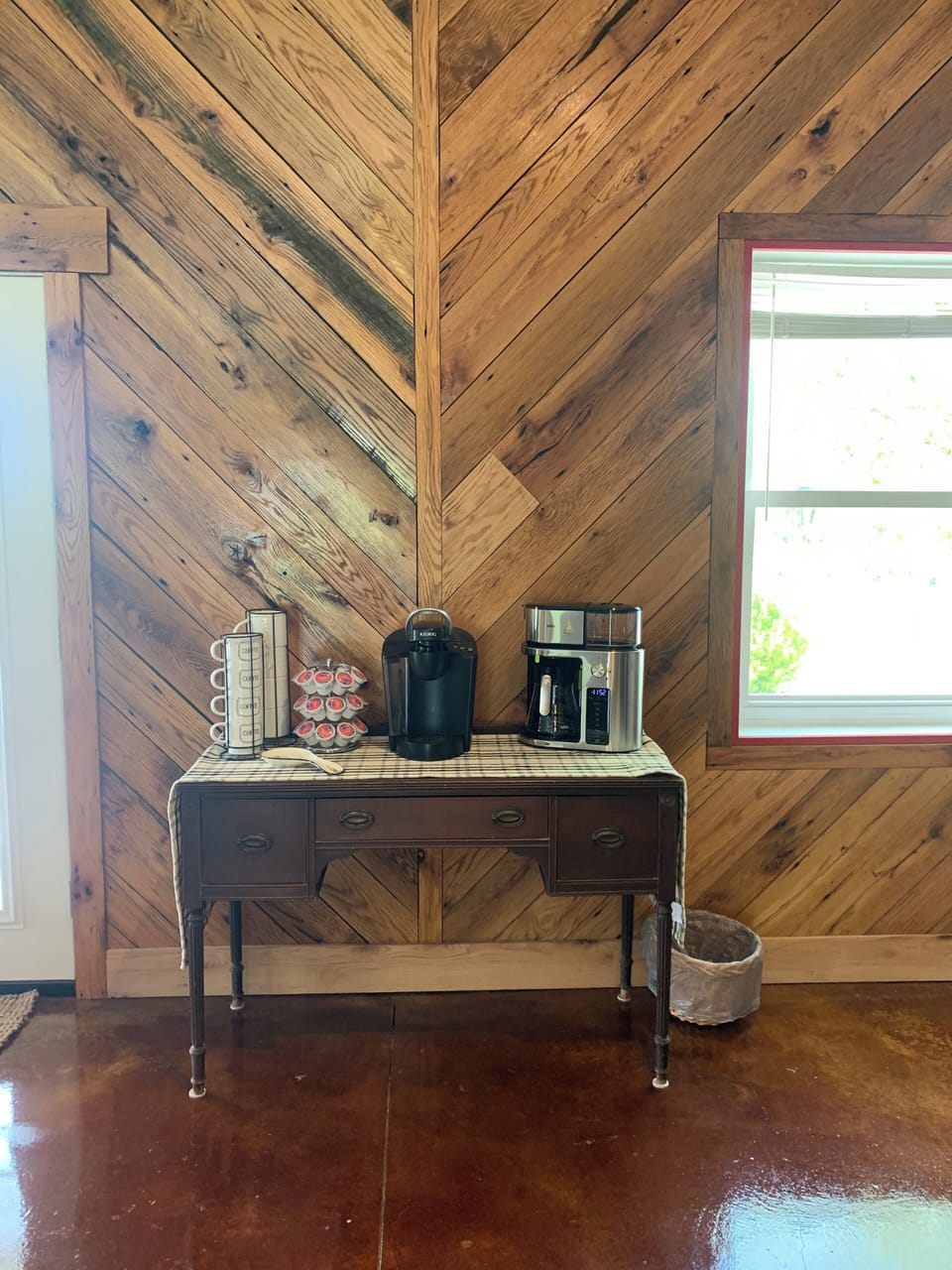 Coffee bar with coffee, cream, sugar, and sweetener provided.
