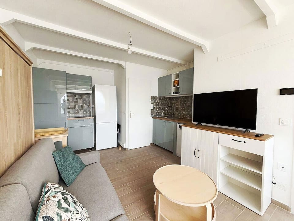 Séjour avec TV écran plat, canapé confortable et kitchenette blanche en arrière-plan – tout l`essentiel pour des vacances détendues en bord de mer à Leucate Port.
