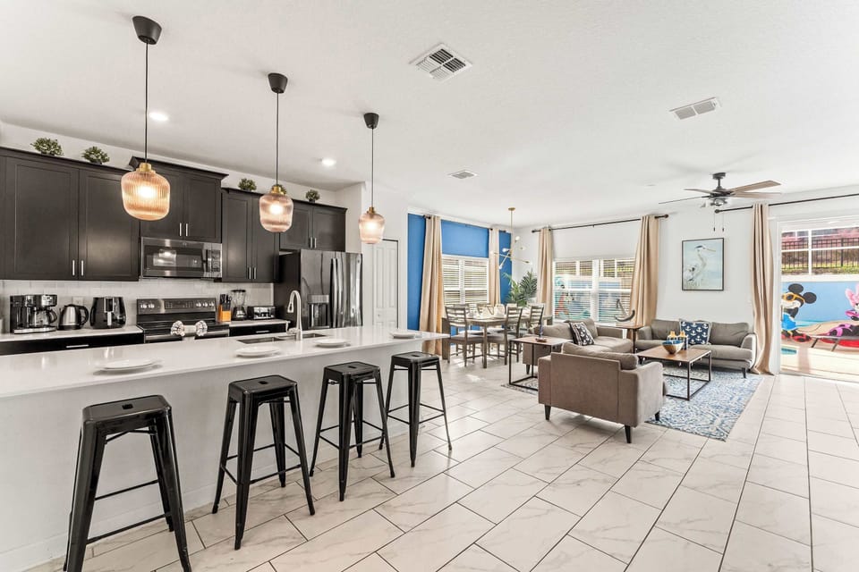 Open living, dining, and kitchen space