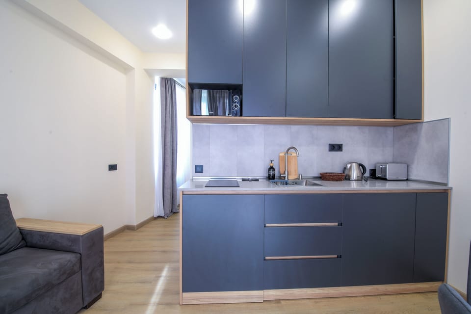 Comfort Apartment, Balcony, Mountain View | Private kitchen | Mini-fridge, microwave, highchair, cookware/dishes/utensils