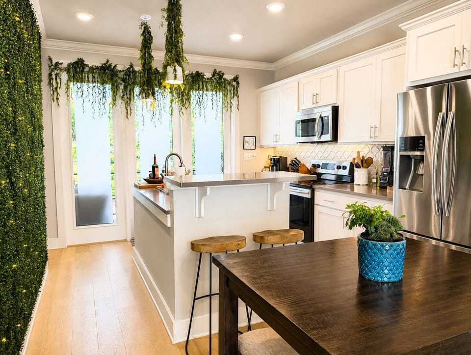 Large kitchen is fully stocked & ready for long term guests. Four seating spots.