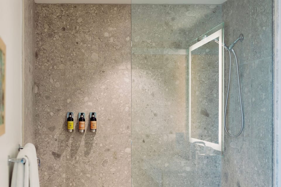The spacious shower area exemplifies contemporary design with accessible features, allowing for a comfortable and refreshing experience.