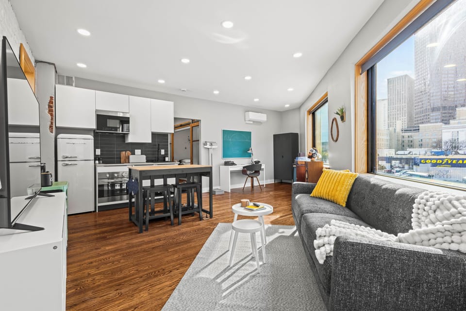 Comfortable sofa and smart layout for relaxing or working.