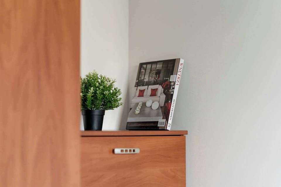 Wooden dresser and potted plant — elegant simplicity and warmth.