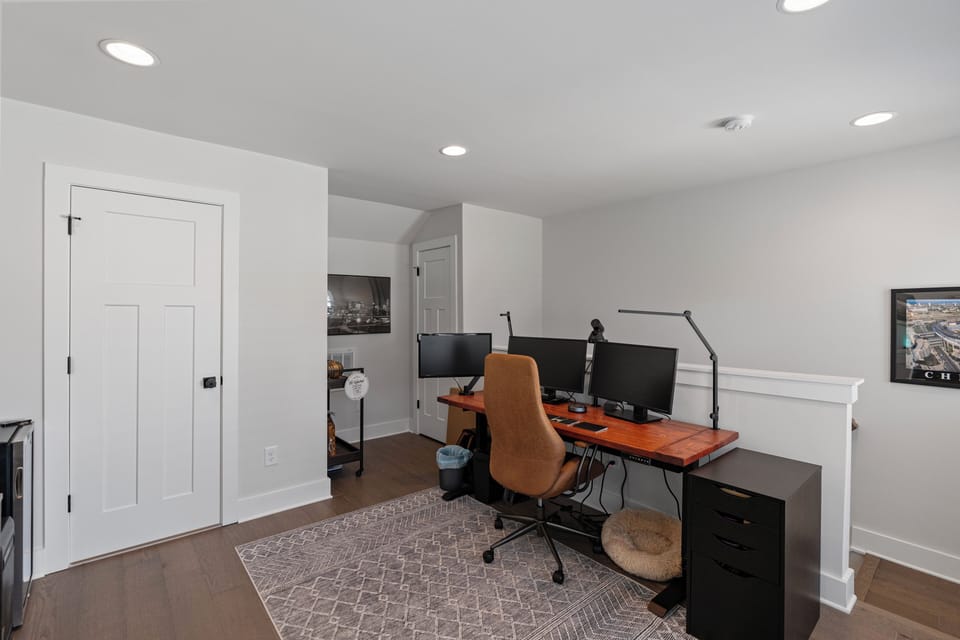 Comfortable chair and desk perfect for remote work.