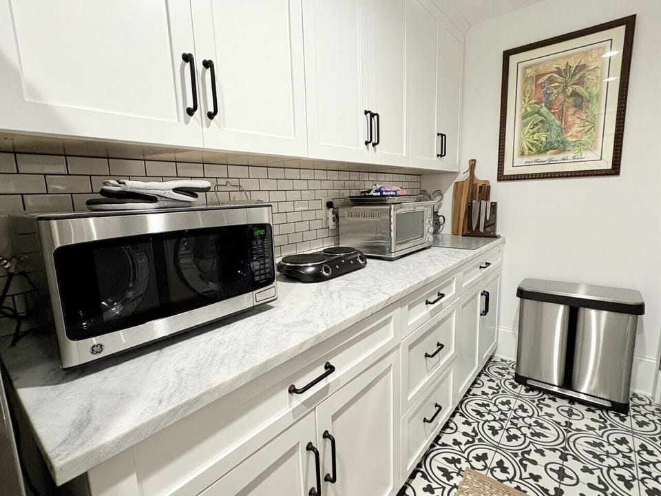 Kitchenette with air fryer, microwave, and two burner electric stove.
