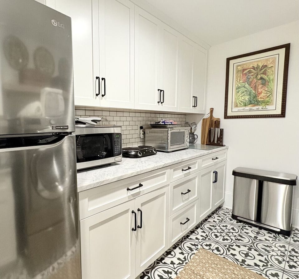 Kitchenette with air fryer, microwave, and two burner electric stove.