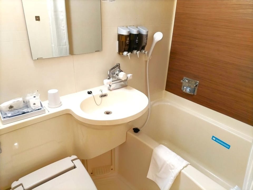 Combined shower/tub, deep soaking tub, free toiletries, hair dryer