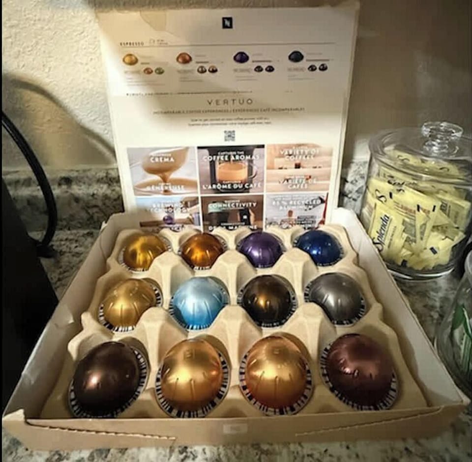 Enjoy a complimentary selection of Nespresso Vertuo coffee and espresso pods during your stay.