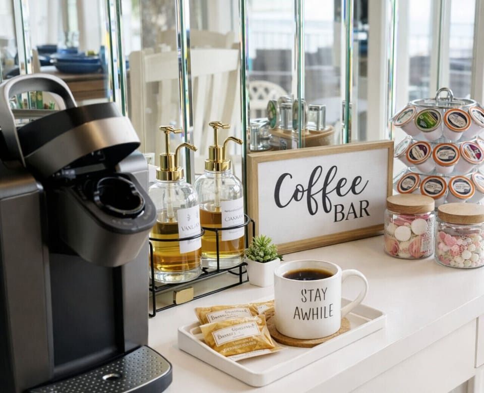 Well-stocked coffee bar for a perfect morning by the lake.