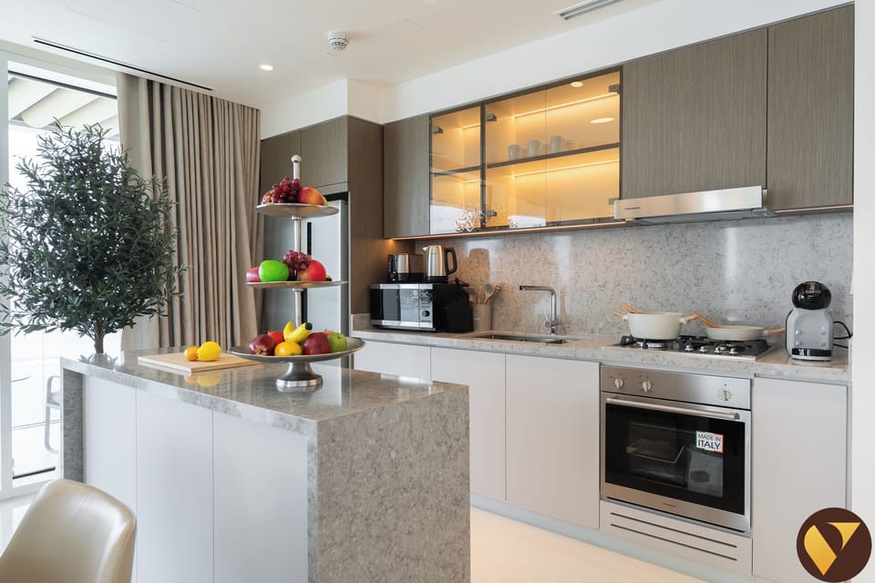 Luxury Apartment, Balcony, Beach View | Private kitchen | Full-size fridge, microwave, oven, stovetop