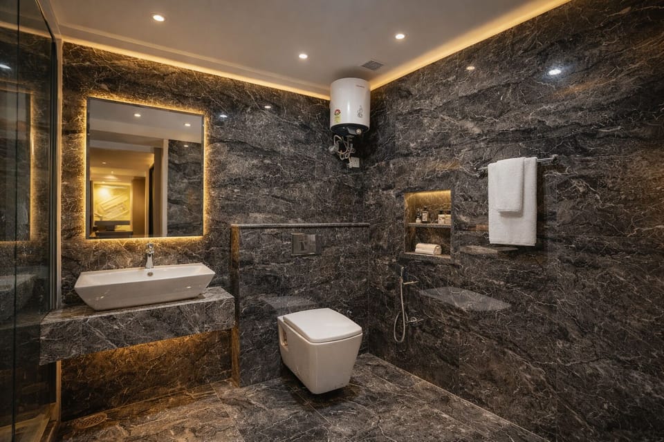 Hydromassage showerhead, free toiletries, hair dryer, bathrobes