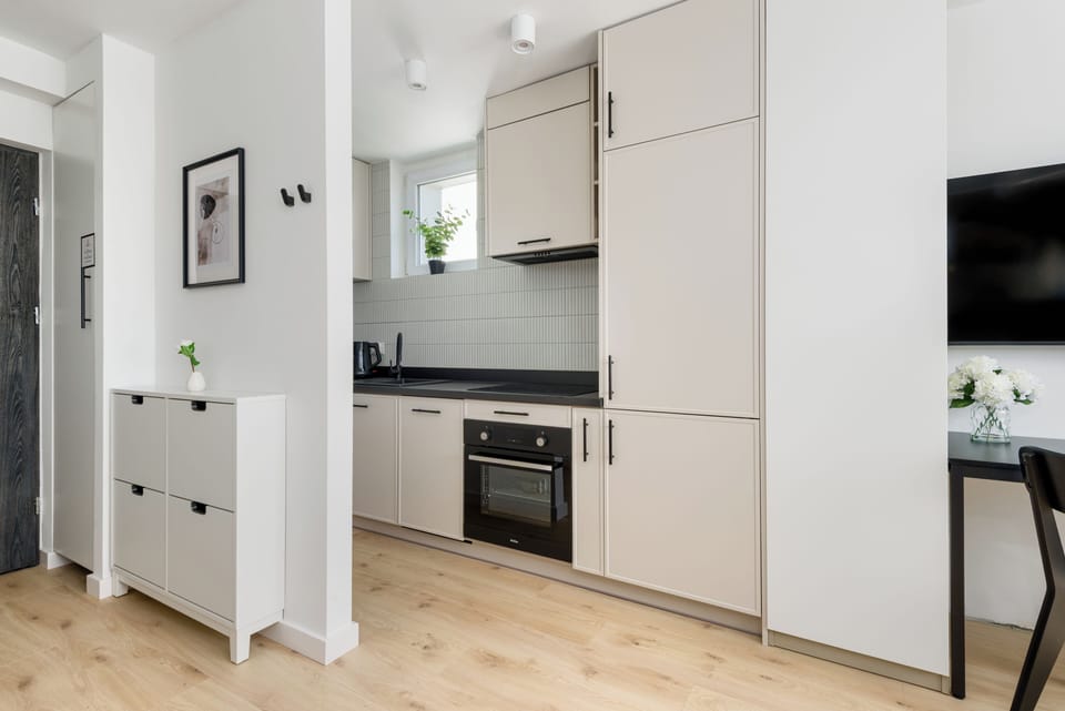 Full-size fridge, oven, stovetop, dishwasher
