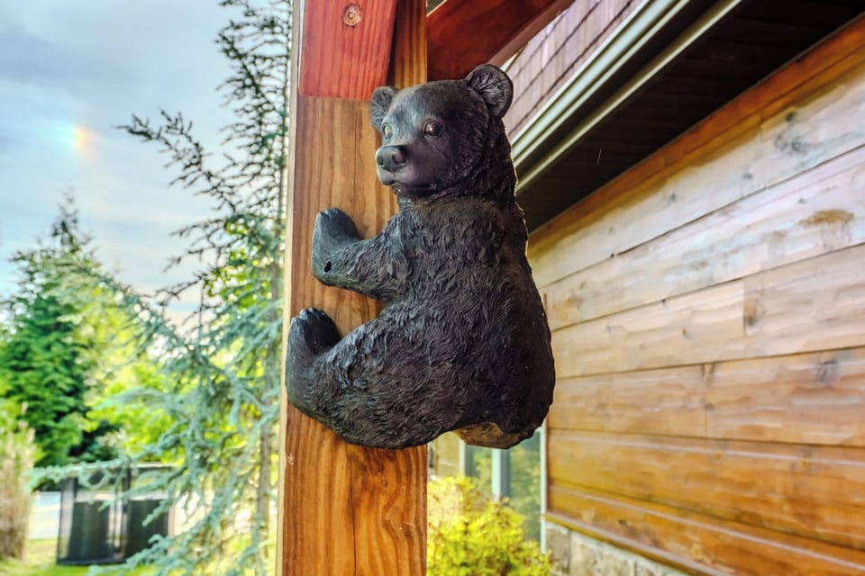  A playful bear sculpture greets you, setting the tone for mountain adventures!