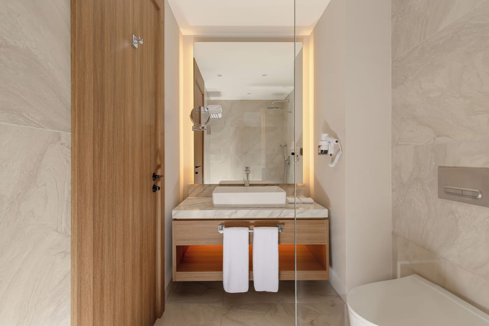 Hair dryer, slippers, towels