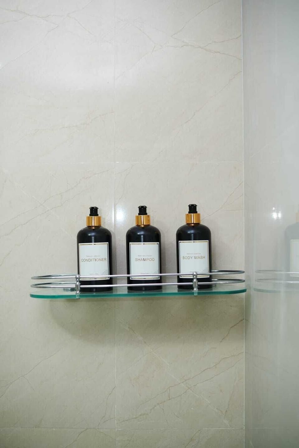 Shower, slippers, towels, soap
