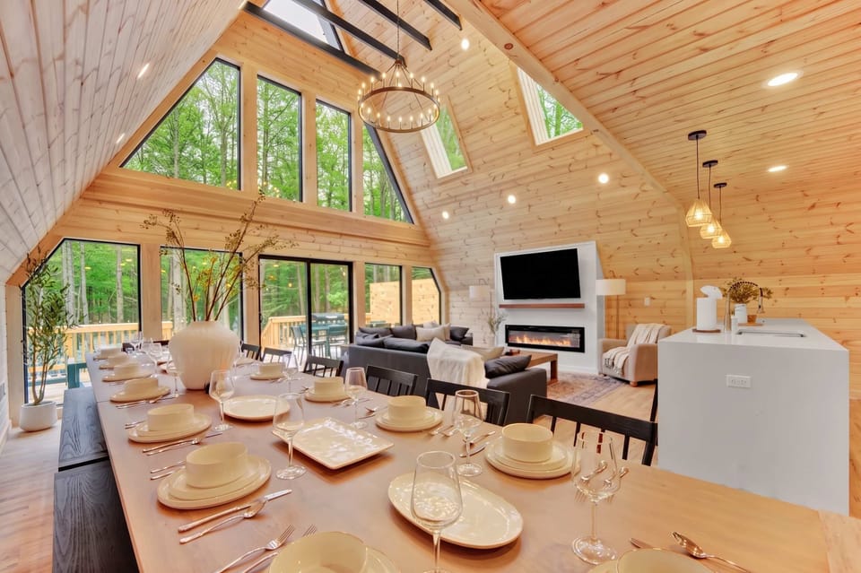 Spacious A-Frame Great Room with Loft and Dining Table