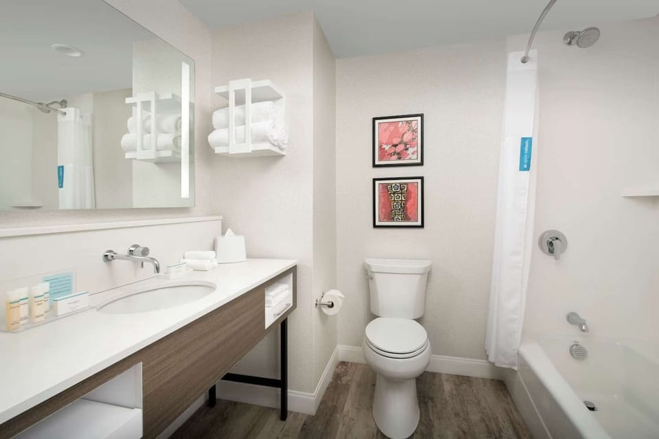 Bright bathroom with wide sink counter, wall art, and bathtub shower