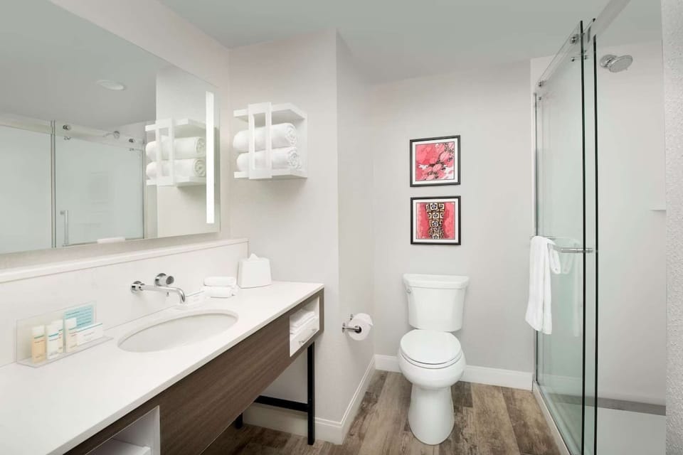 Clean bathroom with walk-in glass shower, wide sink, and wall art