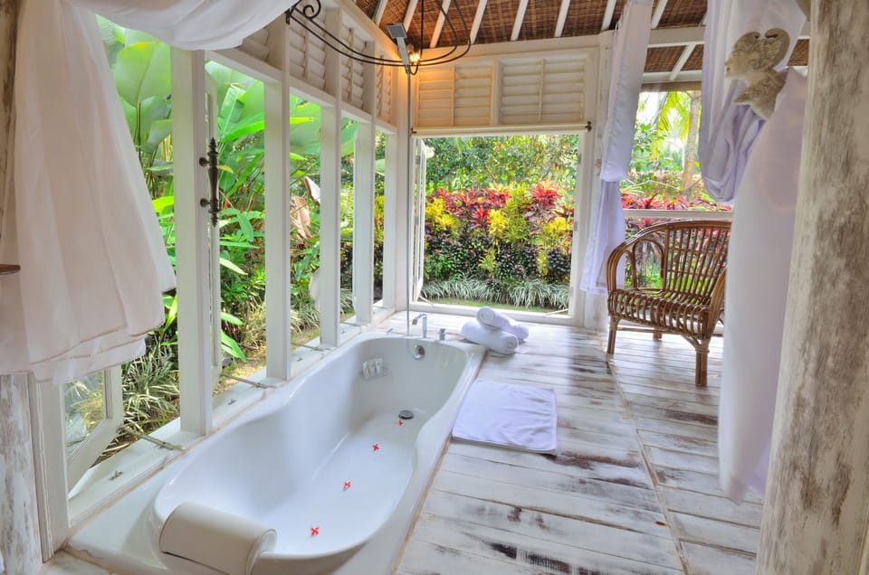 Combined shower/tub, free toiletries, hair dryer, bathrobes