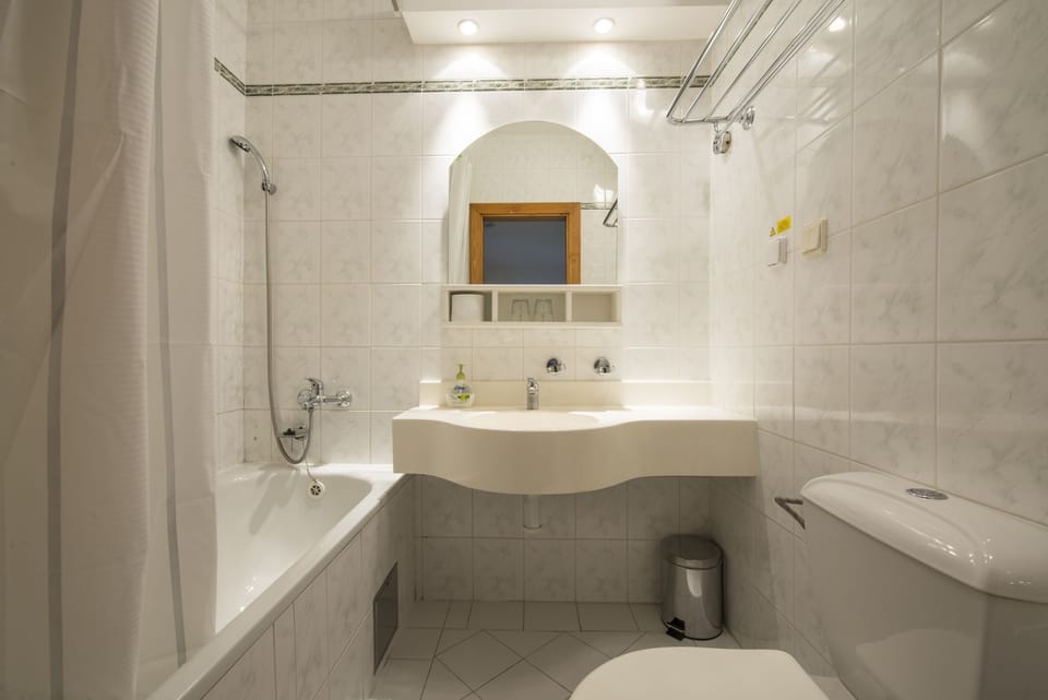 Bathtub, hair dryer, towels, soap